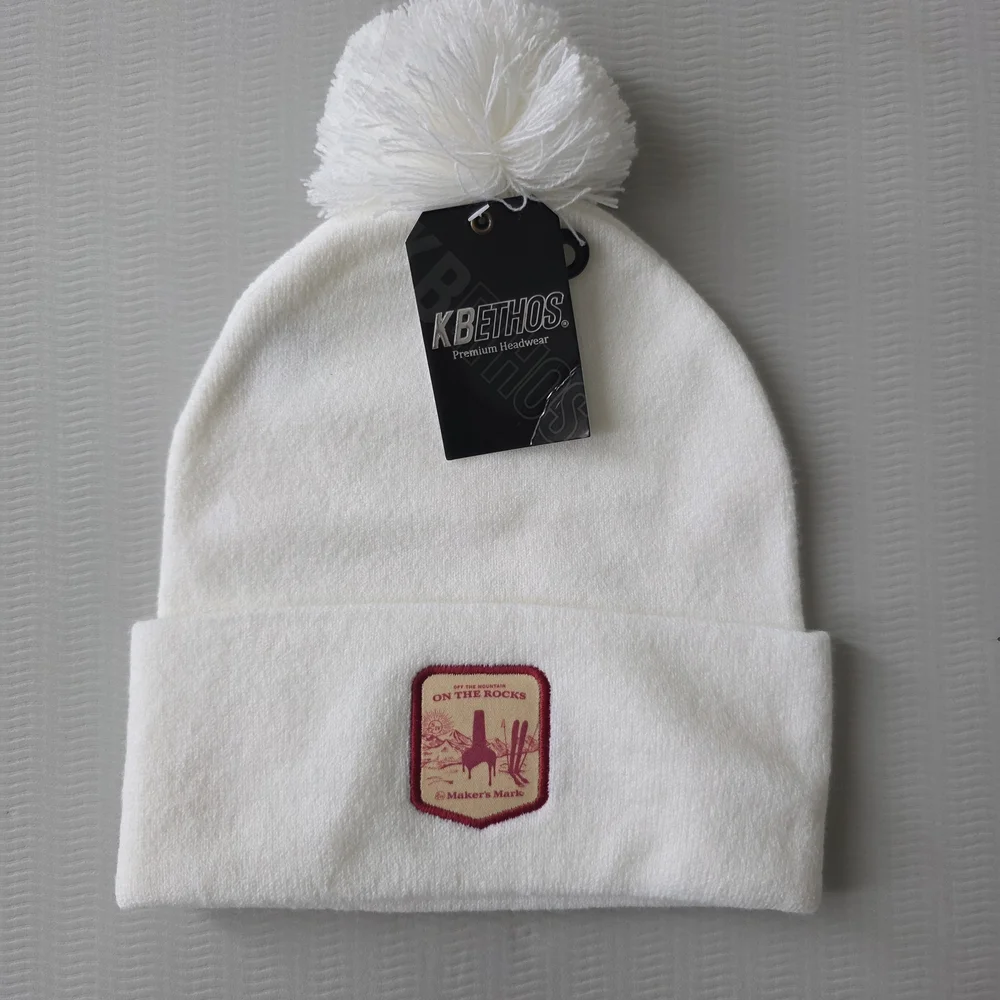 KBETHOS Branded Maker's Mark Unisex White Pom-Pom Beanie